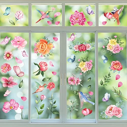 79 PCS Spring Window Clings,Spring Flower Window Clings for Glass Windows,Double-Sided Birds Floral Butterfly Window Stickers for Spring Decor (9 Sheets) - Image 1
