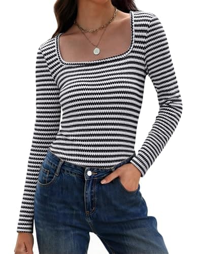 IWD Womens Striped Long Sleeve Tight Shirts Slim Fit Square Neck Layering Tops 2026 Spring Lightweight Cute Knit Pullover Sweater Black XXL - Image 1