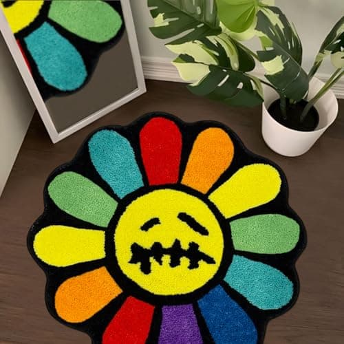 Shovagy Trippy Happy Face Rug Cool Rugs Tufted Quick Dry Bath Mats for Bathroom Non Slip Bath Mat Water Absorbent 3.3FT Rainbow Bathroom Rugs Halloween Gothic Ghost Skull Horror Decor Carpet - Image 1