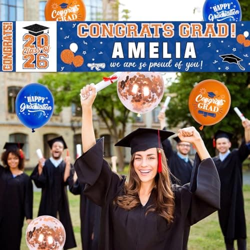 NUTTYBASH Graduation Party Decorations, Personalized Class of 2025 Graduation Banner with 78 Alphabet Stickers and Balloons, Congrats Banner for College High School Party Supplies(Blue Orange) - Thumbnail 3