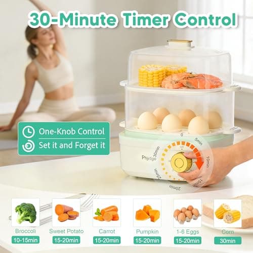 Electric Food Steamer for Cooking, 2-Tier Rapid Egg Cooker, Stackable Steam Cooker for Baby Food, Meal Prep, Quick Healthy Cooking for Vegetables, BPA-Free, 30-Min Timer, 3 Containers&1 Spoon Included - Thumbnail 4