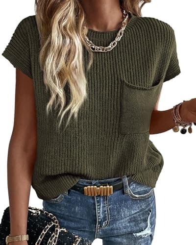 KIRUNDO Spring Summer Short Sleeve Sweater for Women 2026 Casual Sweater Vest Cotton Knit Pullover Tank Tops Fashion Clothing(Army Green, X-Large) - Image 1