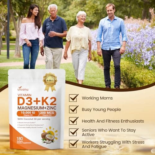 VivoNu Vitamin D3 K2 10,000 IU Magnesium Supplement – 4-in-1 with Vitamin D and K (MK-7), Magnesium Glycinate & Zinc Citrate – 180 Softgels for Energy, Bone* & Muscle* Support* - Thumbnail 4
