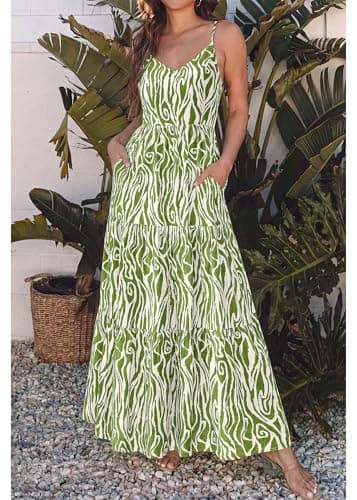 KIRUNDO Sundresses for Women 2026 Spring Summer Hawaiian Print Boho Floral Spaghetti Strap Beach Vacation Flowy Maxi Dress(Army Green, Large) - Thumbnail 2