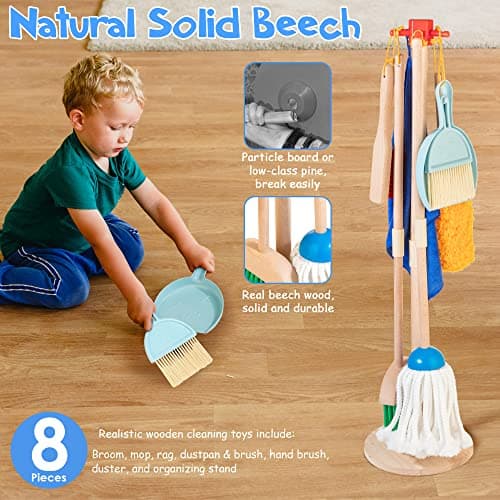 Wooden Kids Cleaning Set for Toddlers,8 Pieces Montessori Cleaning Toys with Kids Broom and Mop Set, Housework Pretend Play Toy Gift for Boys Girls Ages 3+ - Thumbnail 3