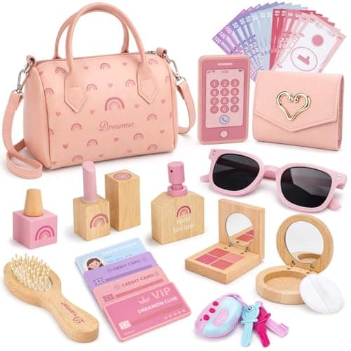 Dreamon Play Purse for Little Girls - 30PCS Toddler Purse with Wooden Pretend Makeup Kit, Handbag, Phone, Wallet, Keys - Princess Pretend Play Toys Birthday Gift for Girls Age 3 4 5 6 + Year Old - Image 1