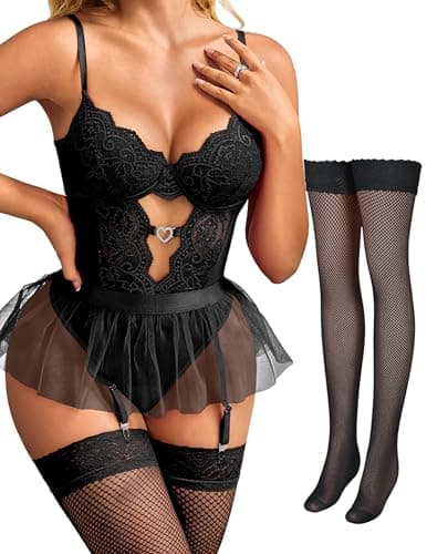 Tidouk Women's lingerie Sets Sexy Lace Lingerie Bodysuit with Detachable Mesh Mini Skirt Garter Lingerie Set（Black,X-Large - Image 1