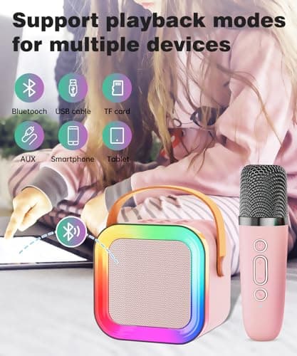 Mini Karaoke Machine Speaker for Kids Adults,Portable Bluetooth with 1-2 Wireless Microphones,Christmas Birthday Gifts Toys Girls Boys Ages 4, 5, 6,7, 8,9,10,11,12+ Years Old Toddler (Pink - 2 Mic) - Thumbnail 4
