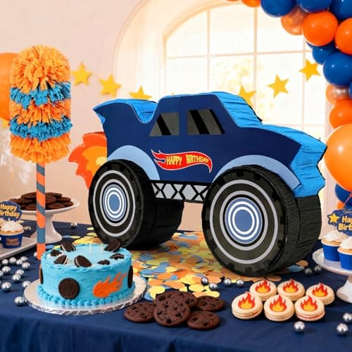 27" Race Car Piñata, Monster Truck Pinata Bundle with Blindfold and Bat Party Favors for Kids Boys Exciting Party Games Supplies - Thumbnail 2