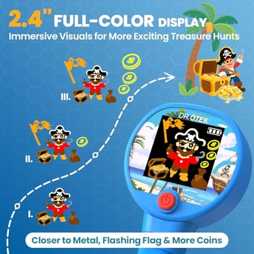 DR.ÖTEK Metal Detector for Kids - Innovative 2.4” Color LCD Display, 6.7” LED-Lit Coil, Adjustable & Lightweight Kids Metal Detector with Safe Rubber Grip, STEM Gifts for Boys & Girls Ages 3-12, Blue - Thumbnail 2