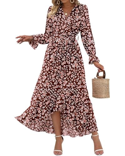 BTFBM Womens Dresses Spring Clothes 2026 V Neck Floral High Waist Ruffle Wedding Guest Cocktail Boho Long Sleeve Dress(Big Floral Wine Red, Small) - Image 1