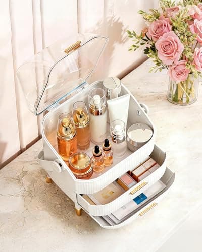 Bleutty Makeup Organizer with Drawers & Lid - Portable Large Cosmetic Storage Case for Vanity Countertop, Travel, Gift for Women, Girls, 11"×7"×15", White - Thumbnail 2