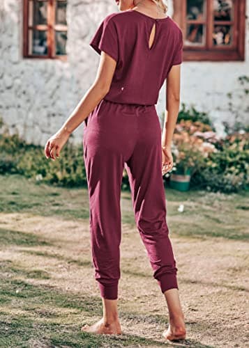 KIRUNDO Jumpsuits for Women Summer 2026 Casual Short Sleeve One Piece Outfits Drawstring Waist Long Pants Romper Jumpers(Wine Red, Large) - Thumbnail 6