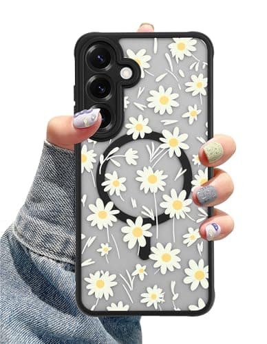 Aitipy Compatible with MagSafe Case for Samsung Galaxy S24, Cute Daisy Aesthetic Flower Pattern Magnetic Design Phone Case, Soft TPU Protective Phone Cover for Women Girls-Black