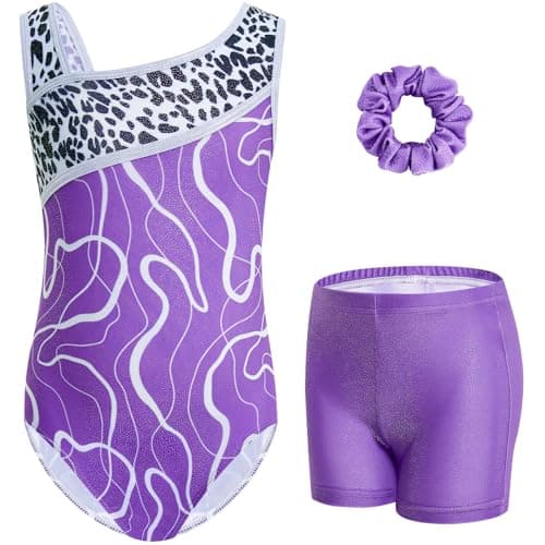 Gogokids Gymnastics Leotards for Girls Sloping Shoulders Kids Dance Unitards Biketards with Shorts, Purple line, 3-4 Years - Image 1
