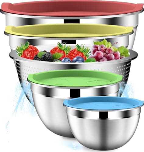 DUTZUN Mixing Bowls with Strainer, Mixing Bowl with Lids Set, Stainless Steel Mixing Bowls, Kitchen Gadgets Salad Bowls with Strainer for Mixing & Preping & Serving, Multicolor - Image 1