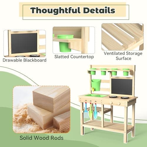 Cedar Wood Outdoor Play Kitchen for Kids, Mud Kitchen with Water Faucet, Dual-Sided Chalkboard, Storage Shelves, Cups, Removable Sink, and Pretend Stove – Backyard Toddler Playset for Boys and Girls - Thumbnail 6