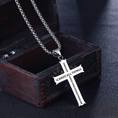 Rehoboth Stainless Steel Bible Verse Cross Pendant Necklaces for Men Women Philippians 4:13 Strength Bible Verse I CAN DO ALL THINGS 24 Chain Inch Silver - Thumbnail 3