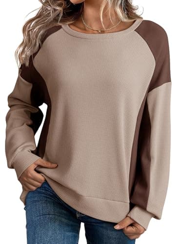 Dokotoo Women's Fashion Sweatshirts Oversized Sweatshirt for Women Waffle Knit Color Block Crewneck Long Sleeve Casual Cute Pullover Tops Comfy Fall Fashion Outfits Clothes 2024 Brown Small - Image 1