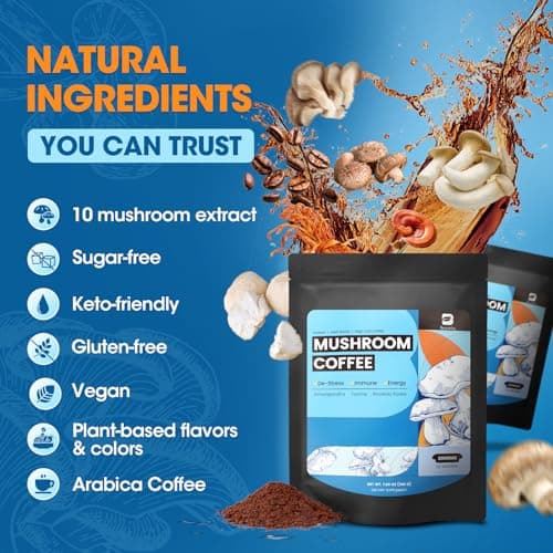 B BEWORTHS Mushroom Coffee Powder with Ashwagandha, L-theanine, Lion's Mane, Reishi, Chaga, Cordyceps, Turkey Tail, Ginseng | Arabica Instant Coffee for Immunity, Brain Focus, Gut Health | 60 Servings - Thumbnail 6