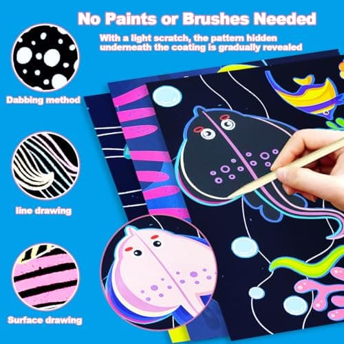 BAOXUE Scratch Art for Kids, Sea Black Rainbow Scratch Paper Set-Arts and Crafts & Supplies, DIY Activity & Party Games, Magic Paper Gifts for Toddlers, Girls, Boys - Thumbnail 2