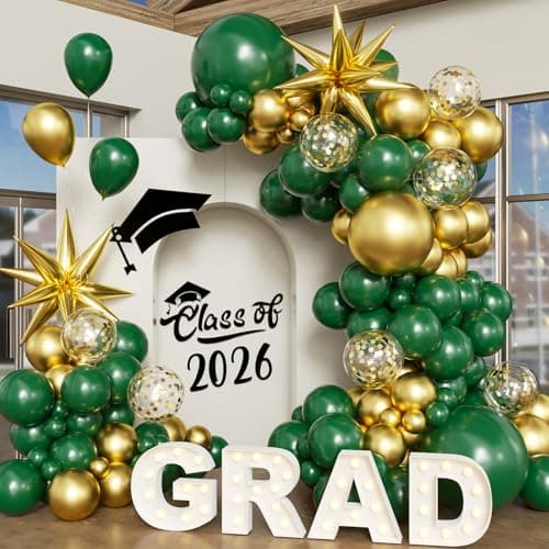 Green Gold Balloon Arch Kit Graduation Decorations 2026, 130Pcs Green and Gold Balloons and Foil Star Balloon with Confetti Ribbons Grad Party Decorations for College High School Class of 2026 - Image 1