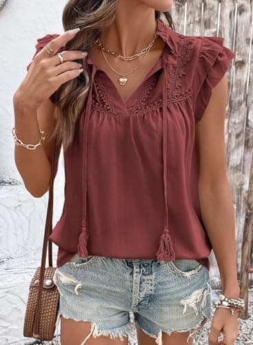 Dokotoo Women's Lace Tassel V Neck Tops Ruffled Sleeve Flared Pleated Blouse Boho Red Shirts Dressy Casual Cute Summer Tops Large - Thumbnail 3