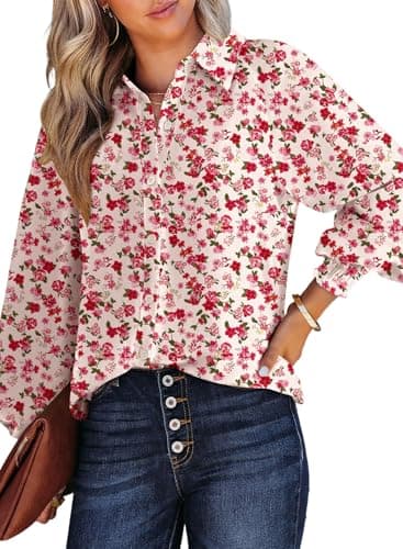 Dokotoo Womens Long Sleeve Tops for Women Work Business Button Down Ladies Blouses and Tops Loose Fit Dressy Allover Floral Print V Neck Office Boho Tunic Top 2026 Trendy Fall Outfits Red Large