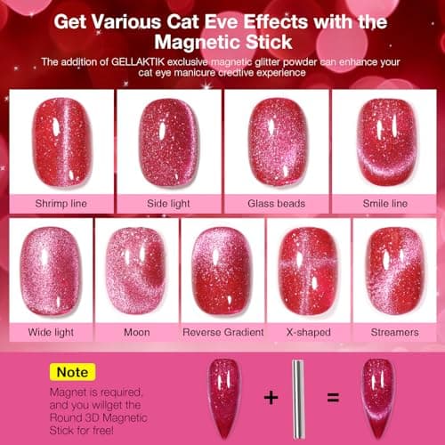 GELLAKTIK Ruby Pink Cat Eye Gel Nail Polish with Magnetic Stick - 12ML Glitter Magnetic Nail Polish for Multiple 3D Effects, Soak Off UV LED Gel Polish for DIY Manicure Salon Gifts for Women - Thumbnail 3