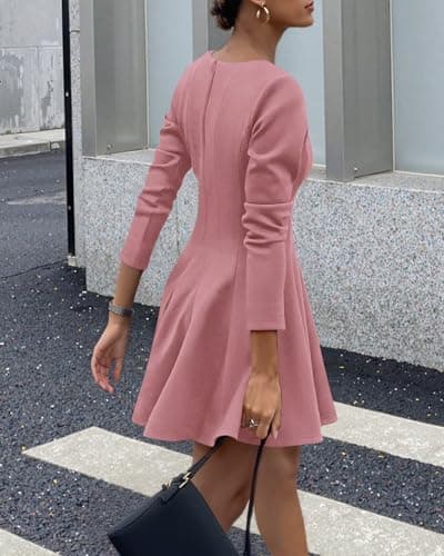 BTFBM Spring Dresses for Women 2026 Long Sleeve High Waist Pleated Flowy Aline Party Wedding Guest Dress Business Casual(Pink, Small) - Thumbnail 3