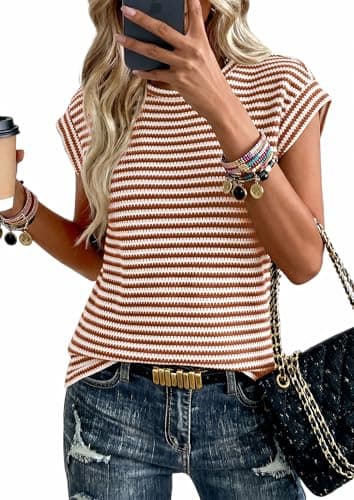 PRETTYGARDEN Women's 2026 Spring Vest Tops Cap Sleeve Striped Shirt Knit Tank Top Summer Beach Vacation Clothes (Striped Apricot Red Brown,XX-Large) - Image 1