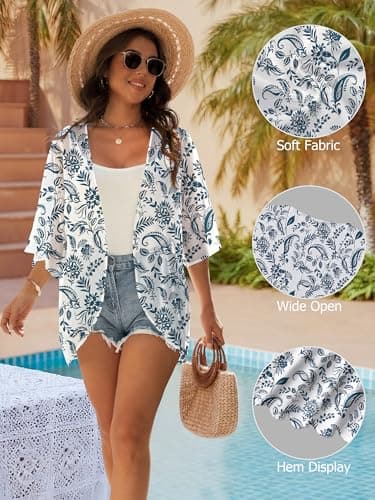 GKBK Women's Floral Print Puff Sleeve Kimono Cardigan Loose Cover Up Beachwear Capes Swimwear Casual Blouse Tops Ladies Shirts Blue Floral XL - Thumbnail 4