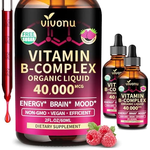 VivoNu Vitamin B Complex Liquid Drops, Methylated Vitamin B12 6000 mcg, B1, B6, B3, B5, B2, Folate, Biotin, Magnesium, Zinc, CoQ10 for Metabolism* & Energy Support, Raspberry Flavor - 2 Bottle - Image 1