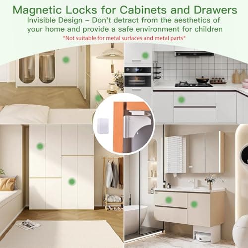 32 Pack Vkania Magnetic Cabinet Locks Child Safety with 4 Keys - Baby Proof Adhesive Latches for Kitchen Cabinets & Drawers, No Drilling Easy Installation (32 Locks + 4 Keys) - Thumbnail 5