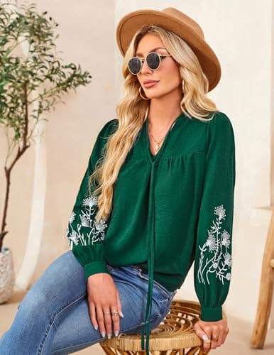 LOOKBOHO Women's Long Sleeve Tops Casual Floral Embroidered Puff Trendy Pleated V Neck Boho Blouses Tie Front Shirts XXL - Thumbnail 5