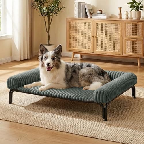 Elevated Dog Bed with Removable Fluffy Pillow Cushion, Raised Pet Cot Washable Bolster, Dog Couch Sofa, Anti Slip Feet, Breathable Mesh, Light Grey, 43"×32" - Image 1