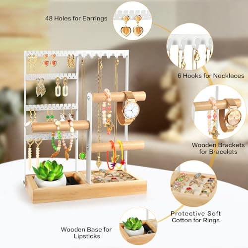 Godboat Jewelry Organizer, 4-Tier Earring Holder Organizer with 48 Holes, 6 Hooks Necklace Rack, Bracelet and Ring Stand with Wood Box, Gifts for Mothers Mom Women, Preppy Stuff & Room Decor, (White) - Thumbnail 5