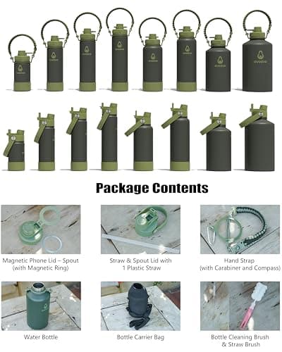 avodvo 1 Gallon Water Bottle with 2 Lids (2-in-1 Straw & Spout Lid, Magnetic Lid), Insulated Water Bottle with Strap, Stainless Steel Water Bottle for Hiking, Gym, Travel, BPA-Free, Army Green - Thumbnail 2
