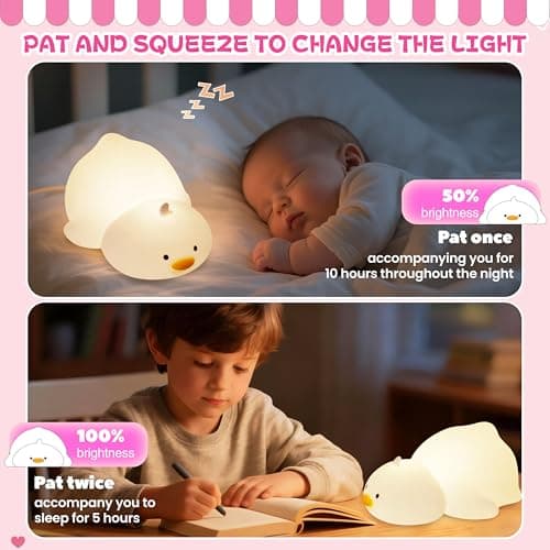 loatme Night Light for Kids, Rechargeable Dimmable Silicone LED Nightlight with 7 Colors, Baby Nursery Night Lamp, Touch Squishy Lamp, Cute Gifts for Girls, Boys, Toddler Room Decor, Lying Duck - Thumbnail 3