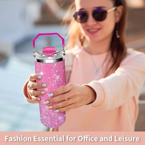 Bling Rhinestone Studded Tumbler with Top Handle, Bling Cups Stainless Steel Water Bottle Diamond Glitter Tumbler for Women - Birthday Gifts for Women, Mom,Get Well Soon Gifts (Fuschia) - Thumbnail 6