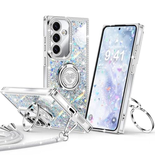 XYZ for Galaxy S26 Plus Case, Glitter Bling Phone Cover with 2-Ring Heart Stand & Lanyard, Women Girls Luxury Rhinestone Shockproof Protective Case para Samsung S26 Plus, Silver - Image 1