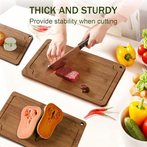 Bamboo Cutting Boards for Kitchen, Wood Cutting Board Set with Juice Grooves & Built-in Handles, Large Medium Small Chopping Board for Meat, Vegetables, Fruit - Thumbnail 2