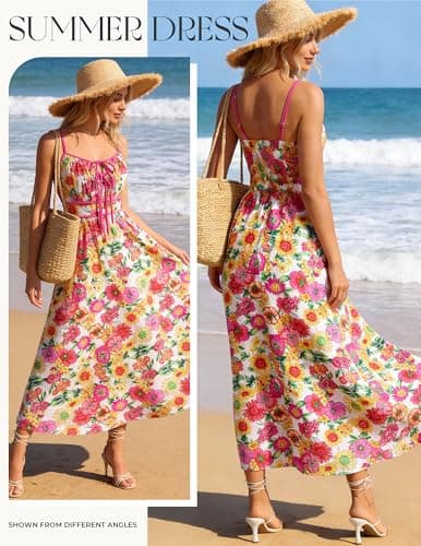 GRACE KARIN 2026 Women's Summer Maxi Dresses, Tie Front Floral Boho Dress, Spaghetti Strap Sundress with Pockets, Pink Yellow L - Thumbnail 2