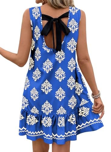 BLENCOT Floral Dress for Women 2026 Vacation Round Neck Sleeveless Casual Spring Ruffle A-line Summer Mini Dress Blue X-Large - Image 1