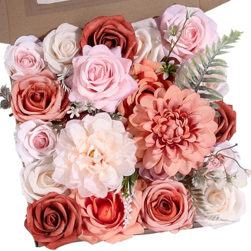Terracotta Artificial Flowers Burnt Orange Flowers Combo Box Set with Fake Dahlias Roses Peonies Greenery for Wedding Bouquets Bridal Shower Centerpieces DIY Home Decor Baby Shower Thanksgiving Table - Image 1