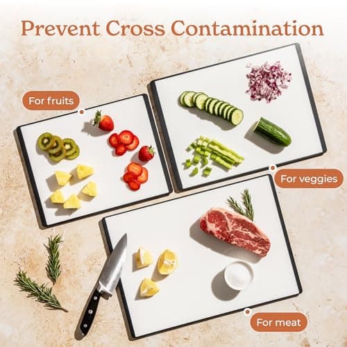 SMIRLY Plastic Cutting Board Set with Holder 3 Pieces, Non-Slip Dishwasher Safe Chopping Boards for Kitchen, Black & White - Thumbnail 6