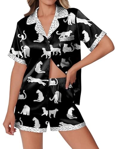 Ekouaer Womens Silk Satin Pajamas Set Animals Print Pjs Button Down Short Sleeve Lounge Set 2 Piece Sleepwear Leopard M - Image 1