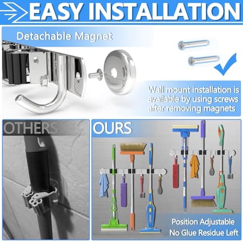 3-H Magnetic Broom Holder Wall Mount 1 Pack, 2-in-1 Dual Mount (No Drill or Screw Fix), 304 Stainless Steel Heavy Duty Magnet Mop Broom Organizer for Kitchen Garden Garage(3 Racks & 4 Hooks,Silver) - Thumbnail 2
