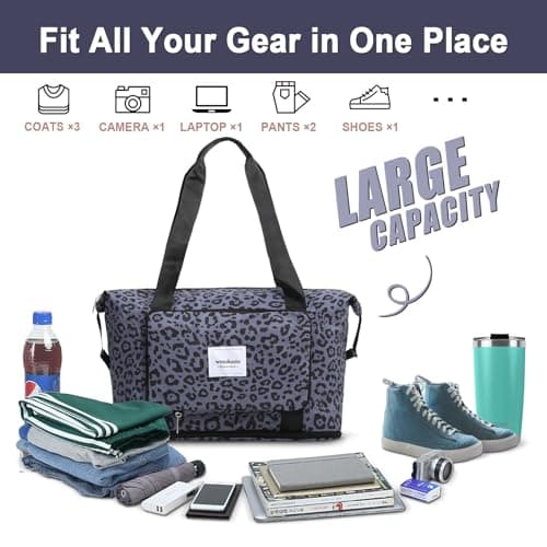 WOOMADA Foldable Travel Duffel, Weekender Bag with Expandable Space, Carry-On for Airplanes, Gym Bag for Women (Black Leopard) - Thumbnail 3