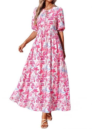 KIRUNDO Spring Dresses for Women 2026 Summer Wedding Guest Boho Floral 3/4 Sleeve Beach Vacation Cruise Flowy Maxi Dress(Red, Small) - Thumbnail 3